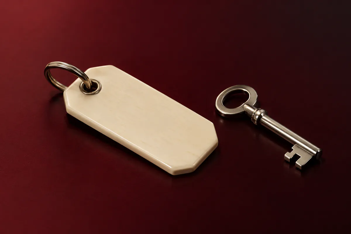 Nickel key beside an ivory key tag