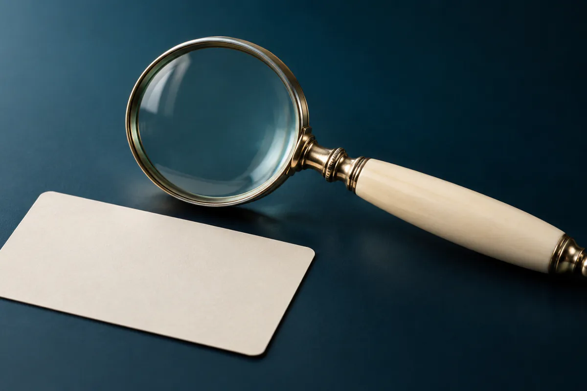 Brass magnifying glass beside a cream index card