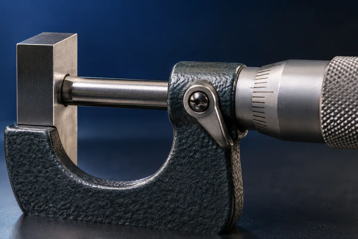 Micrometer spindle touching a steel gauge block