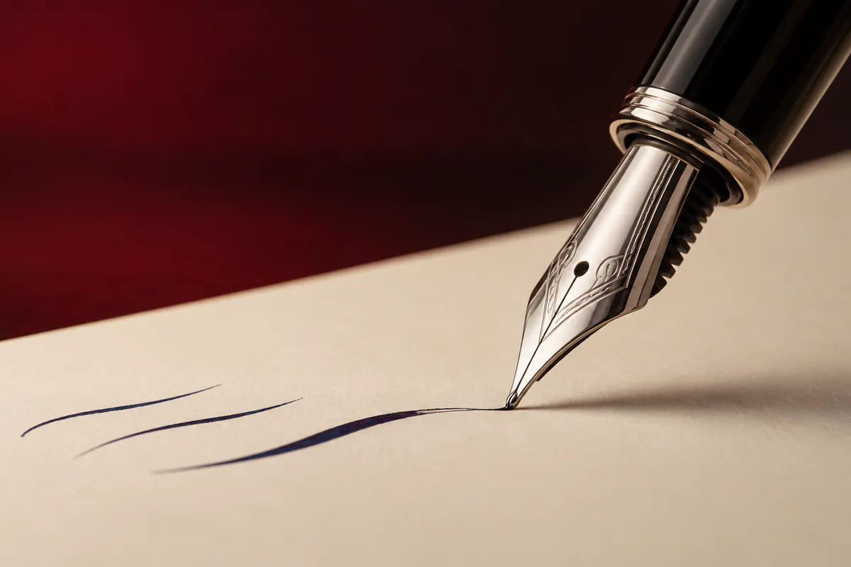 Fountain-pen nib beside ink reference marks