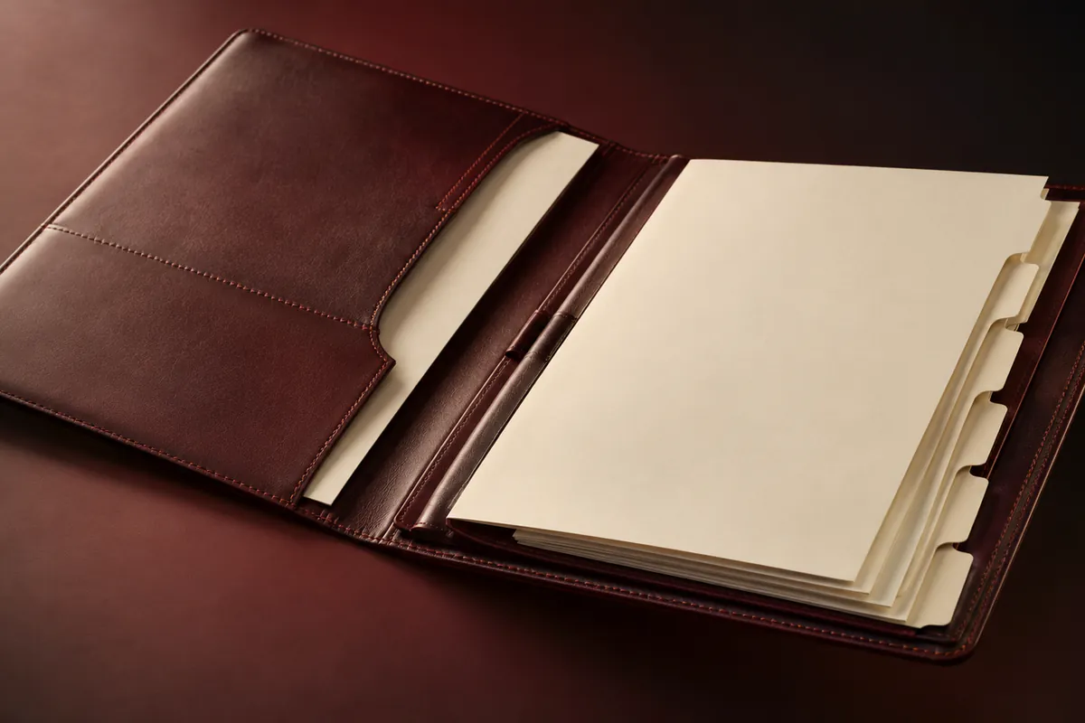 Oxblood document folio with ivory index tabs