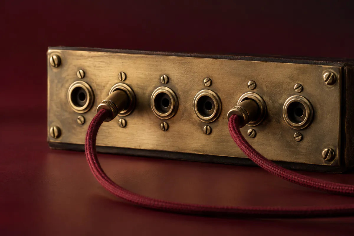 Brass telephone patch panel with two connected leads
