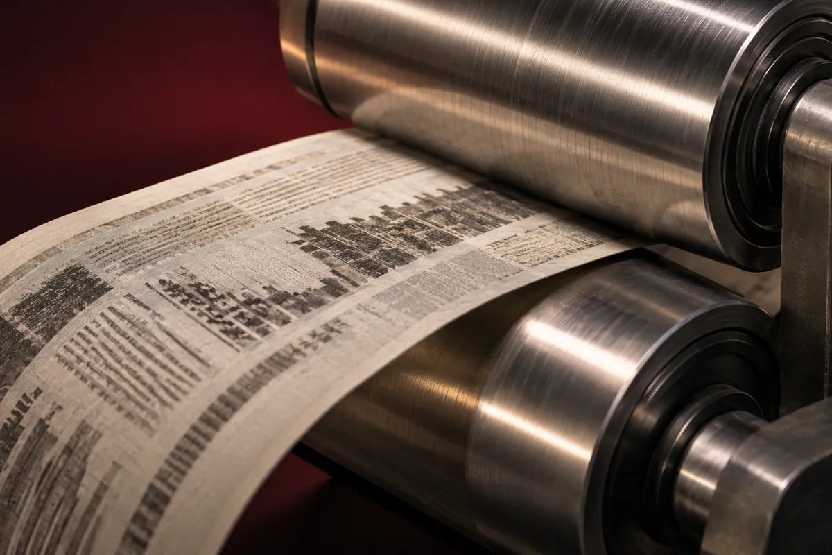 Financial-news proof roll between steel guide rollers