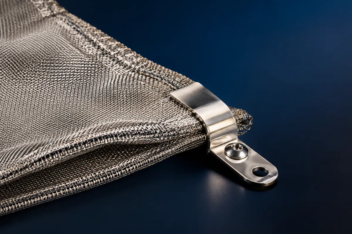 Metal Faraday mesh with a grounding clip