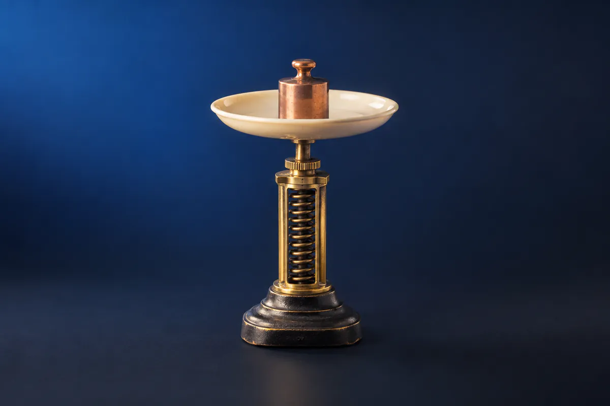 Mechanical spring scale holding a copper reference weight