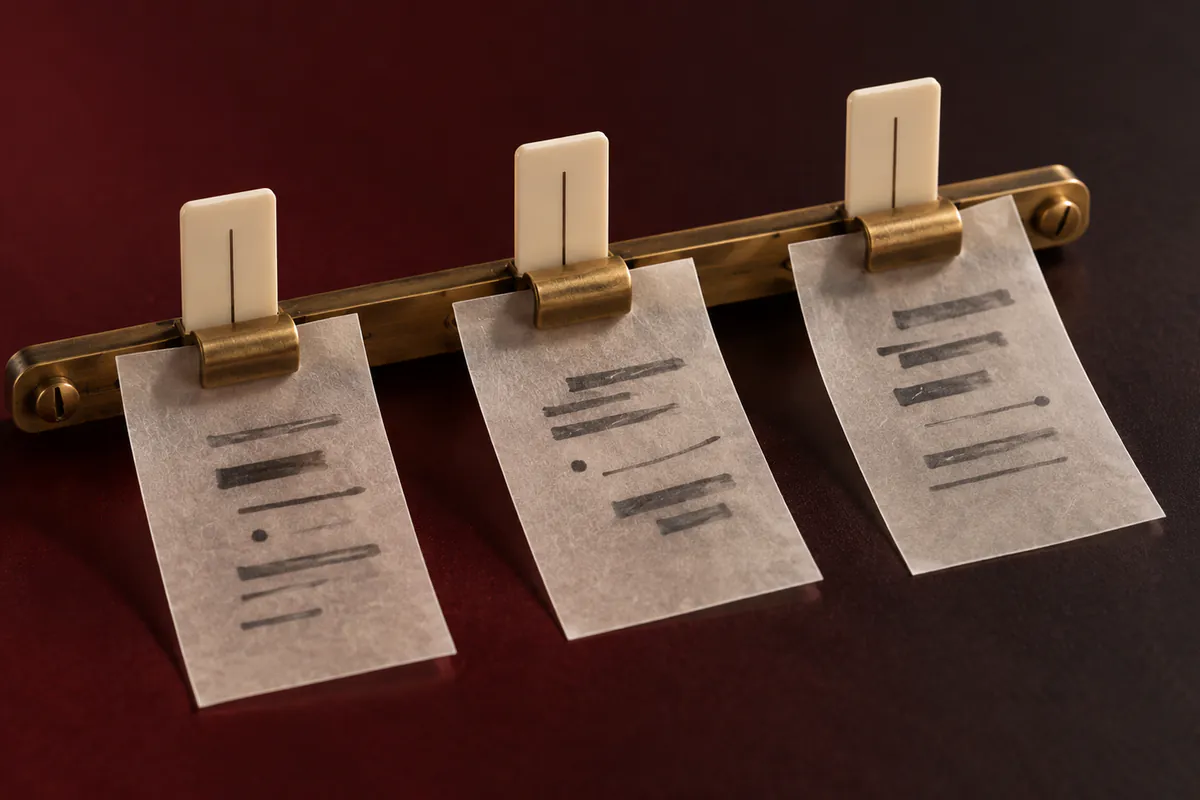 Vellum news slips aligned along a brass registration bar