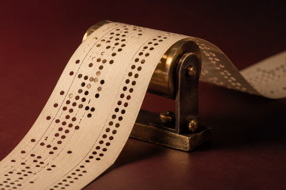 Jacquard punch-card strip over a brass feed roller