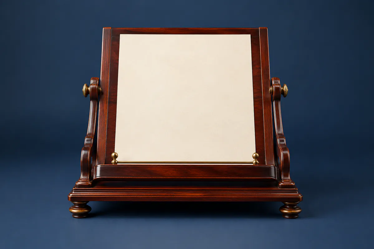 Mahogany document stand holding a blank cream sheet