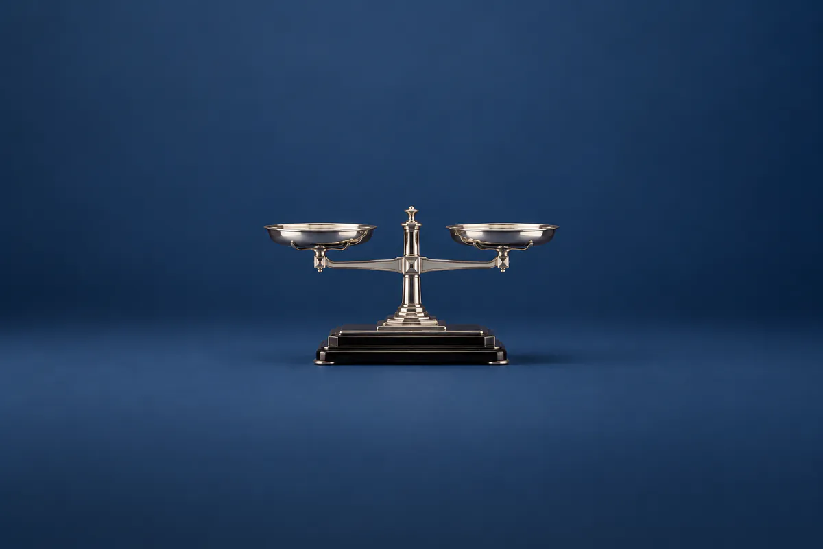 Silver balance with matching empty pans on an ebony base