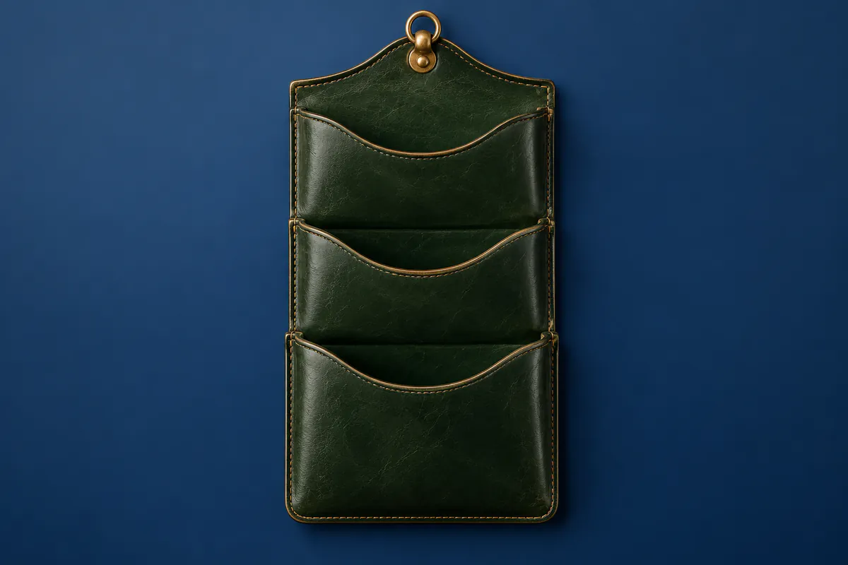 Green leather mail pouch with three empty pockets