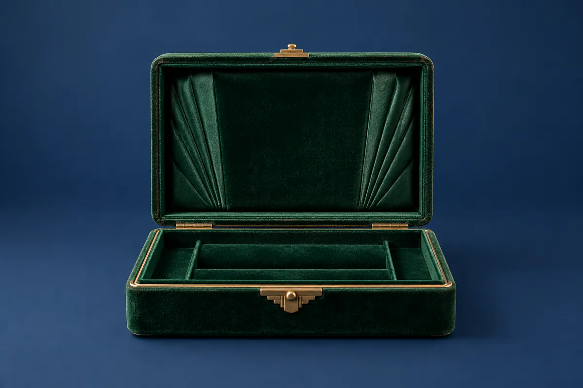 Open velvet-lined jeweller’s case with an empty fitted interior